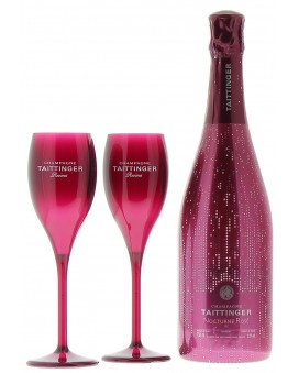 Champagne Taittinger Nocturne Rosé sleeve et deux flûtes
